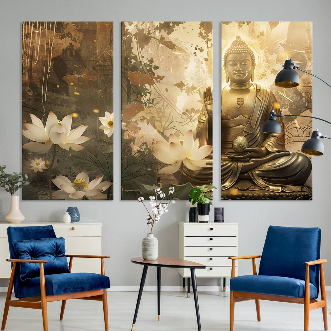 Buddha and Lotus Wall Art Canvas Print, Buddha Meditation Room Decor, Yoga Room Wall Art