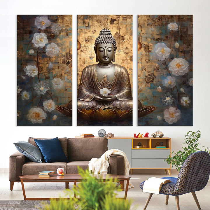 Buddha Wall Art | 3-Panel Gold and White Buddha Canvas Print with Lotus Flowers – Spiritual Zen Decor for Living Room, Bedroom, or Meditation Space