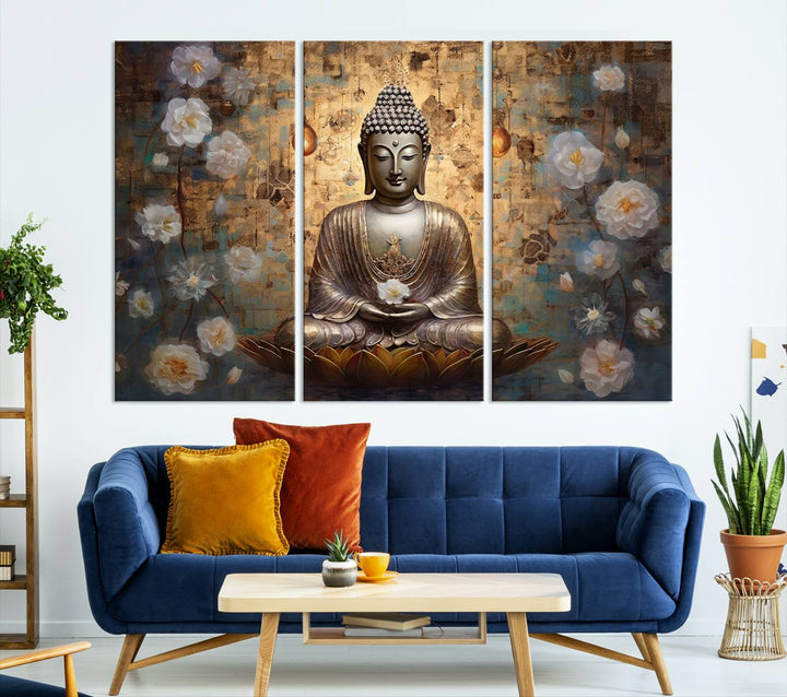 Buddha Wall Art | 3-Panel Gold and White Buddha Canvas Print with Lotus Flowers – Spiritual Zen Decor for Living Room, Bedroom, or Meditation Space