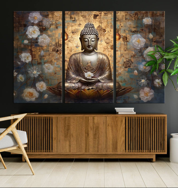 Buddha Wall Art | 3-Panel Gold and White Buddha Canvas Print with Lotus Flowers – Spiritual Zen Decor for Living Room, Bedroom, or Meditation Space