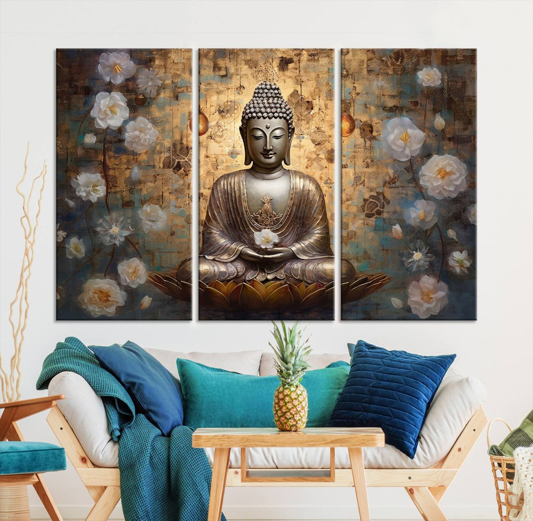 Buddha Wall Art | 3-Panel Gold and White Buddha Canvas Print with Lotus Flowers – Spiritual Zen Decor for Living Room, Bedroom, or Meditation Space