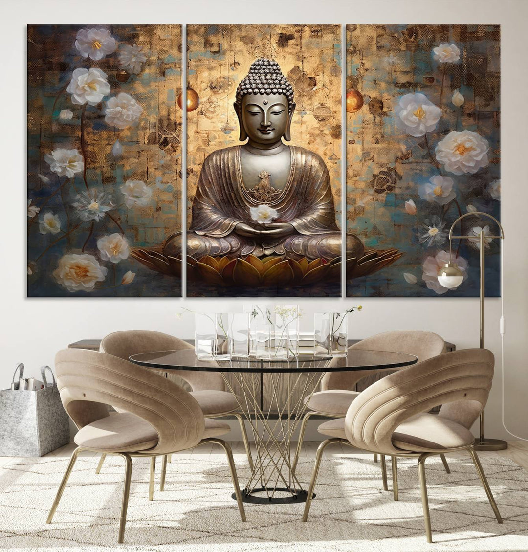 Buddha Wall Art | 3-Panel Gold and White Buddha Canvas Print with Lotus Flowers – Spiritual Zen Decor for Living Room, Bedroom, or Meditation Space