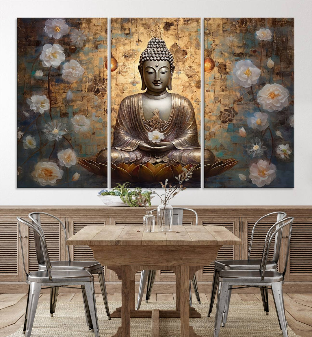 Buddha Wall Art | 3-Panel Gold and White Buddha Canvas Print with Lotus Flowers – Spiritual Zen Decor for Living Room, Bedroom, or Meditation Space