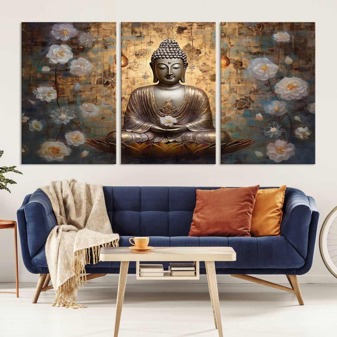 Buddha Wall Art | 3-Panel Gold and White Buddha Canvas Print with Lotus Flowers – Spiritual Zen Decor for Living Room, Bedroom, or Meditation Space