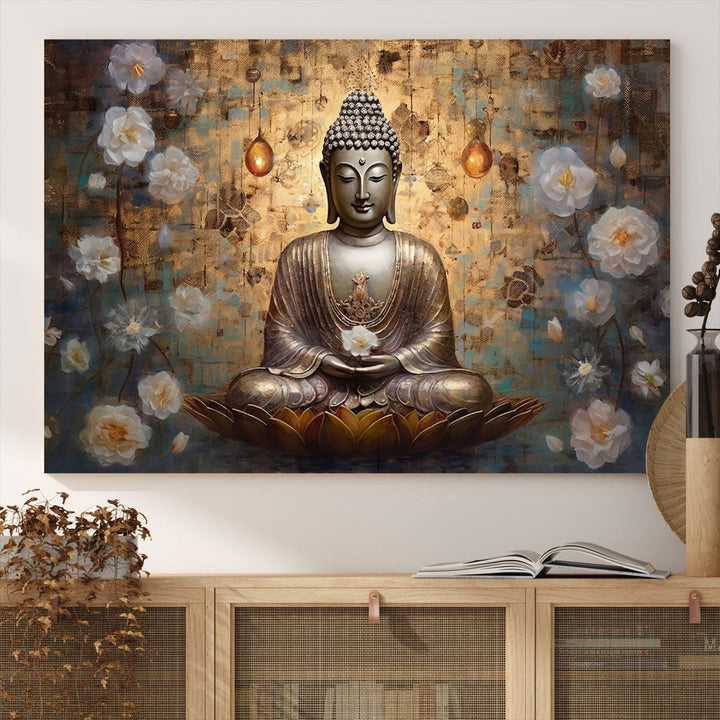 Buddha Wall Art | 3-Panel Gold and White Buddha Canvas Print with Lotus Flowers – Spiritual Zen Decor for Living Room, Bedroom, or Meditation Space