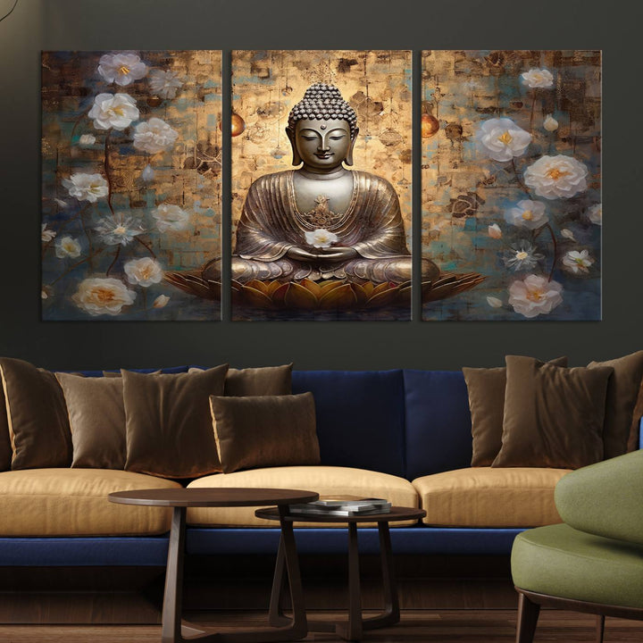 Buddha Wall Art | 3-Panel Gold and White Buddha Canvas Print with Lotus Flowers – Spiritual Zen Decor for Living Room, Bedroom, or Meditation Space