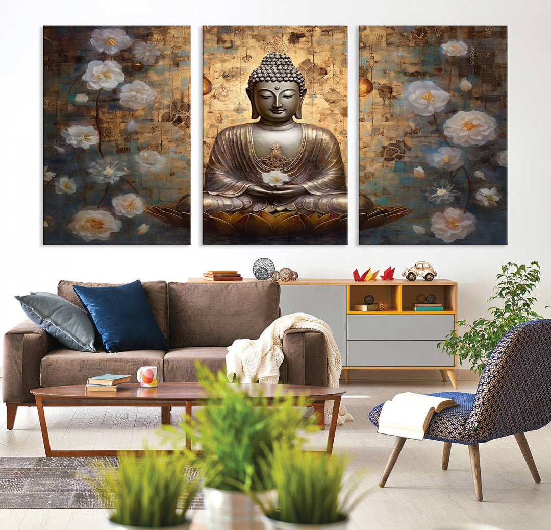 Buddha Wall Art | 3-Panel Gold and White Buddha Canvas Print with Lotus Flowers – Spiritual Zen Decor for Living Room, Bedroom, or Meditation Space