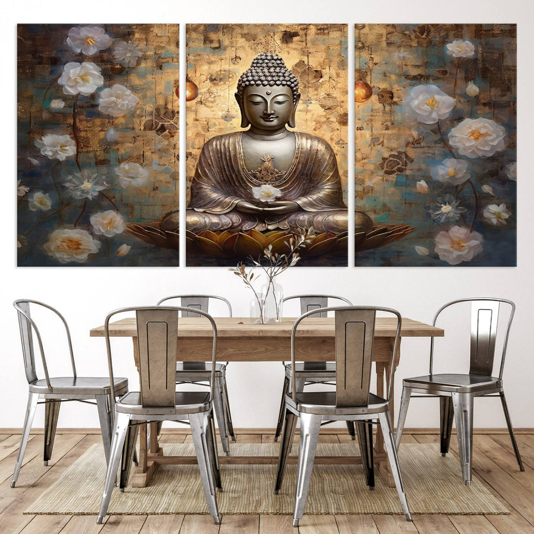 Buddha Wall Art | 3-Panel Gold and White Buddha Canvas Print with Lotus Flowers – Spiritual Zen Decor for Living Room, Bedroom, or Meditation Space