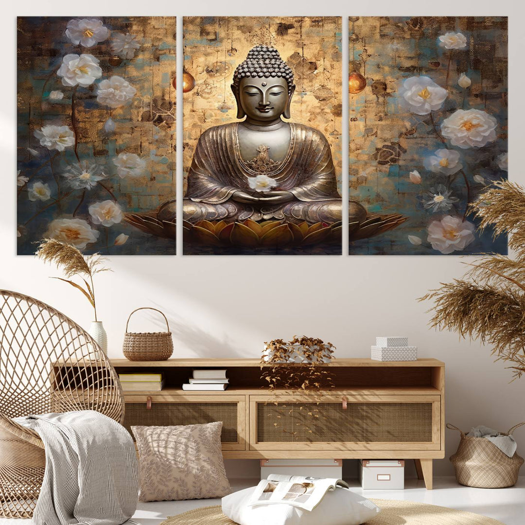 Buddha Wall Art | 3-Panel Gold and White Buddha Canvas Print with Lotus Flowers – Spiritual Zen Decor for Living Room, Bedroom, or Meditation Space