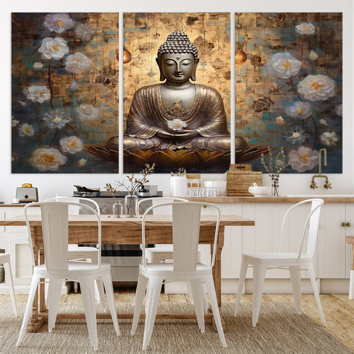 Buddha Wall Art | 3-Panel Gold and White Buddha Canvas Print with Lotus Flowers – Spiritual Zen Decor for Living Room, Bedroom, or Meditation Space