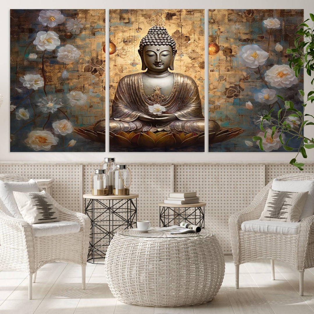 Buddha Wall Art | 3-Panel Gold and White Buddha Canvas Print with Lotus Flowers – Spiritual Zen Decor for Living Room, Bedroom, or Meditation Space