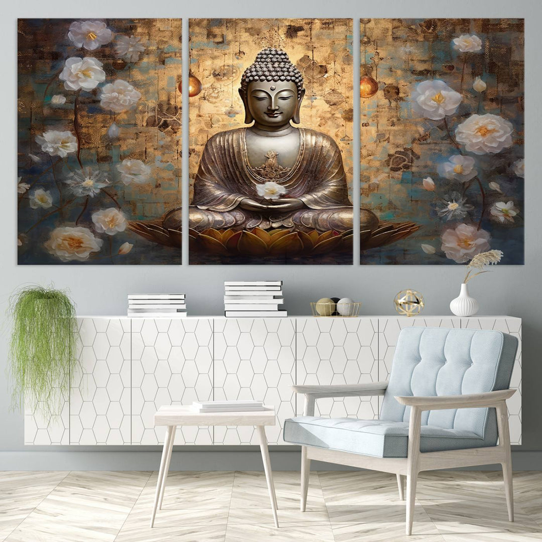 Buddha Wall Art | 3-Panel Gold and White Buddha Canvas Print with Lotus Flowers – Spiritual Zen Decor for Living Room, Bedroom, or Meditation Space