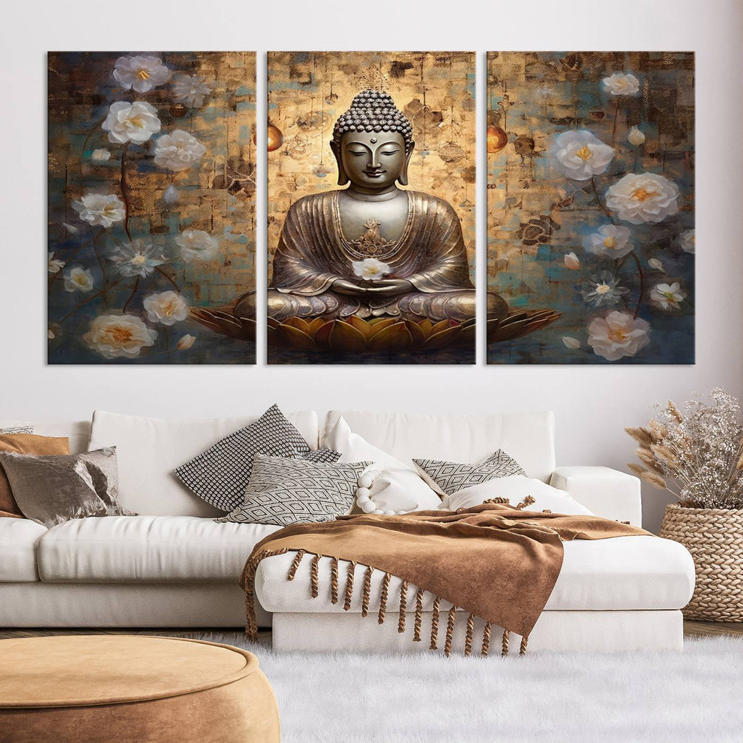 Buddha Wall Art | 3-Panel Gold and White Buddha Canvas Print with Lotus Flowers – Spiritual Zen Decor for Living Room, Bedroom, or Meditation Space