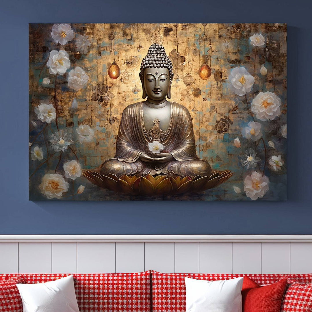 Buddha Wall Art | 3-Panel Gold and White Buddha Canvas Print with Lotus Flowers – Spiritual Zen Decor for Living Room, Bedroom, or Meditation Space