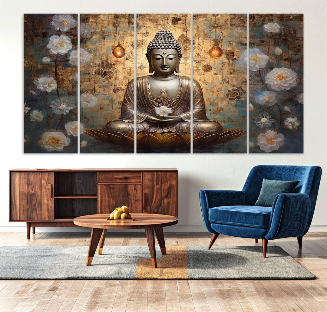 Buddha Wall Art | 3-Panel Gold and White Buddha Canvas Print with Lotus Flowers – Spiritual Zen Decor for Living Room, Bedroom, or Meditation Space