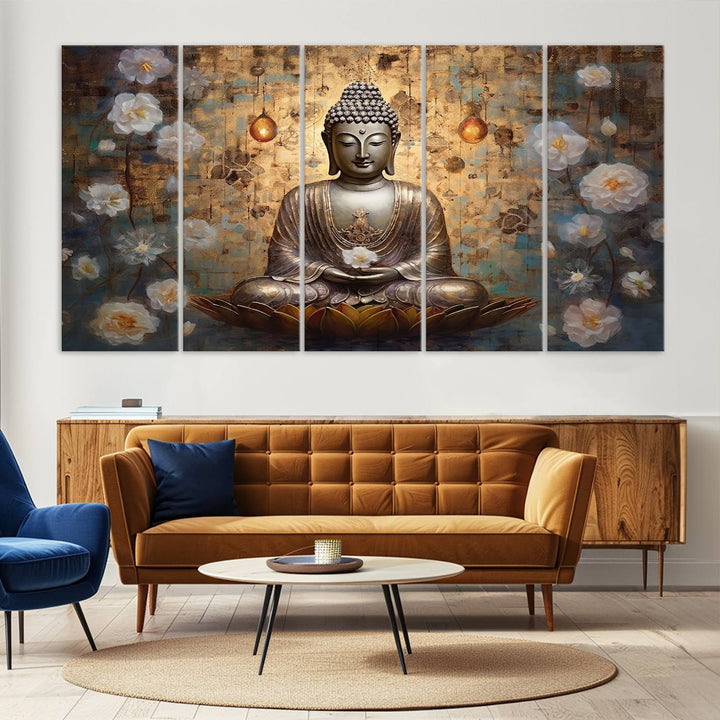 Buddha Wall Art | 3-Panel Gold and White Buddha Canvas Print with Lotus Flowers – Spiritual Zen Decor for Living Room, Bedroom, or Meditation Space