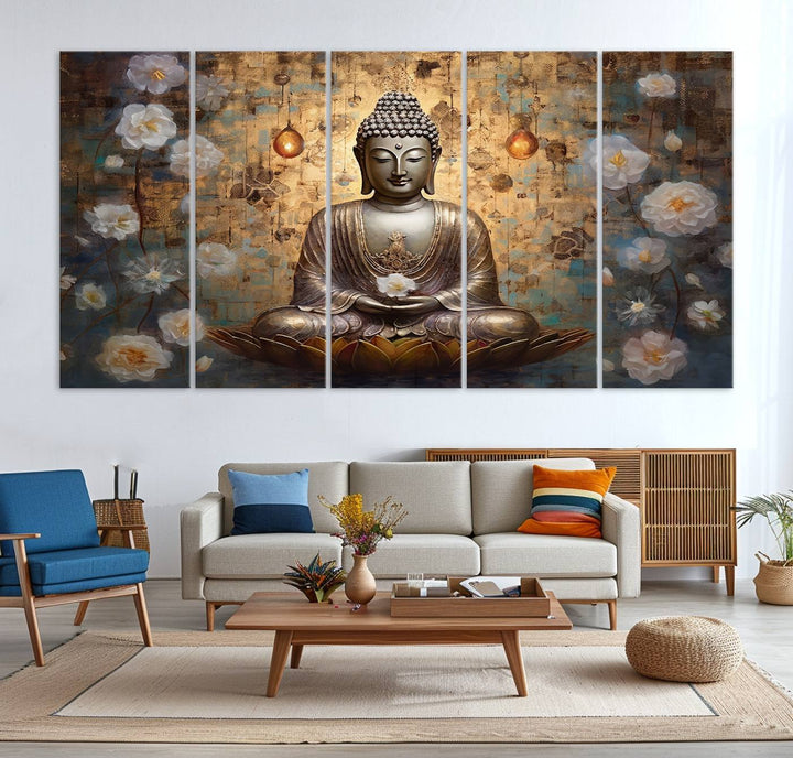 Buddha Wall Art | 3-Panel Gold and White Buddha Canvas Print with Lotus Flowers – Spiritual Zen Decor for Living Room, Bedroom, or Meditation Space