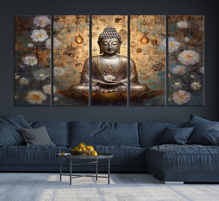 Buddha Wall Art | 3-Panel Gold and White Buddha Canvas Print with Lotus Flowers – Spiritual Zen Decor for Living Room, Bedroom, or Meditation Space