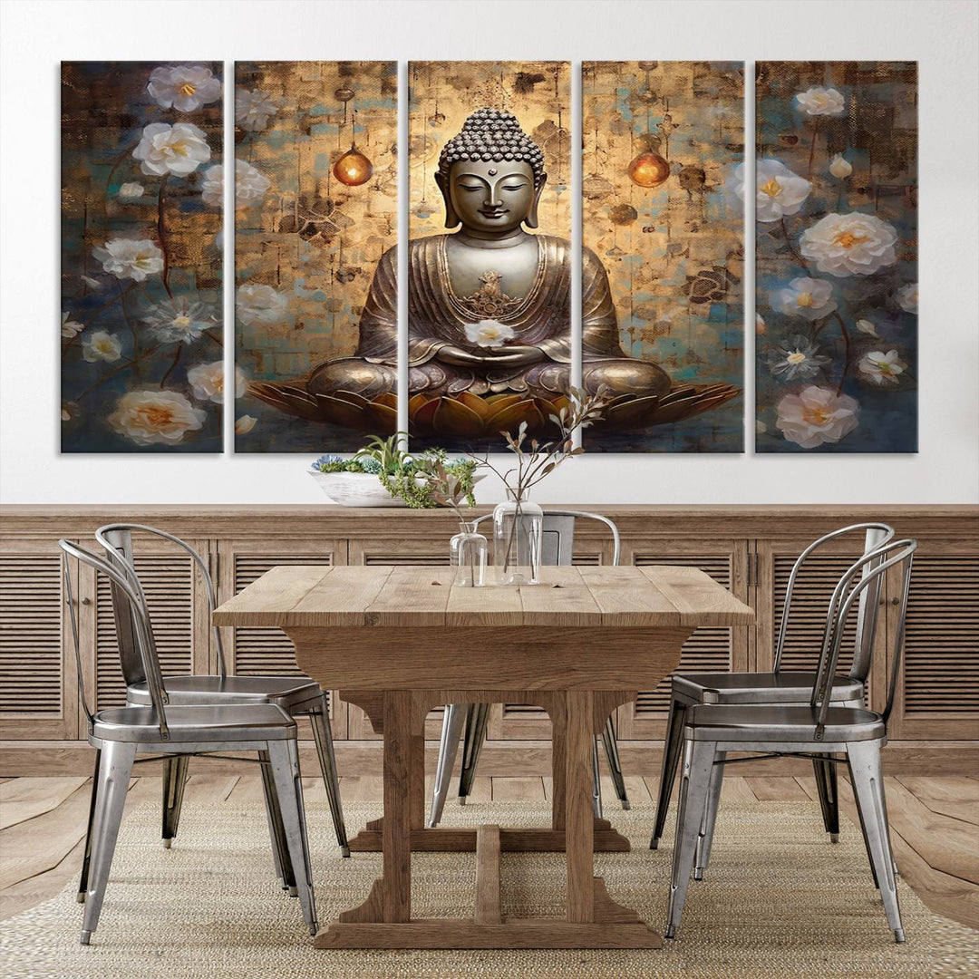 Buddha Wall Art | 3-Panel Gold and White Buddha Canvas Print with Lotus Flowers – Spiritual Zen Decor for Living Room, Bedroom, or Meditation Space