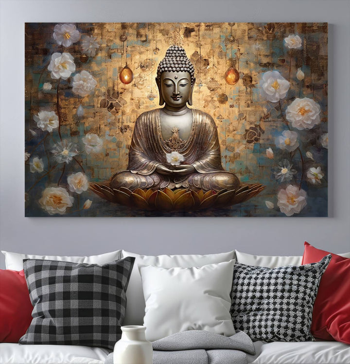 Buddha Wall Art | 3-Panel Gold and White Buddha Canvas Print with Lotus Flowers – Spiritual Zen Decor for Living Room, Bedroom, or Meditation Space