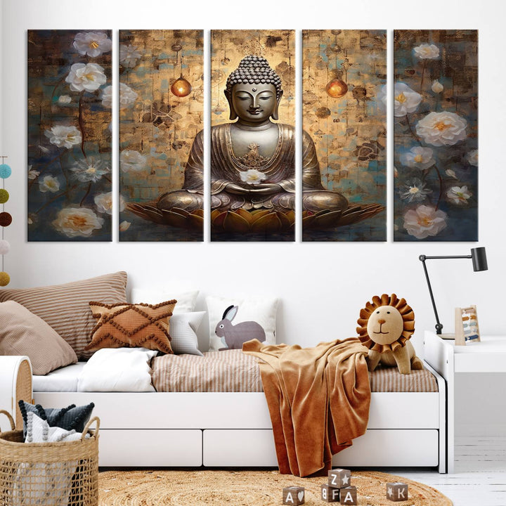 Buddha Wall Art | 3-Panel Gold and White Buddha Canvas Print with Lotus Flowers – Spiritual Zen Decor for Living Room, Bedroom, or Meditation Space