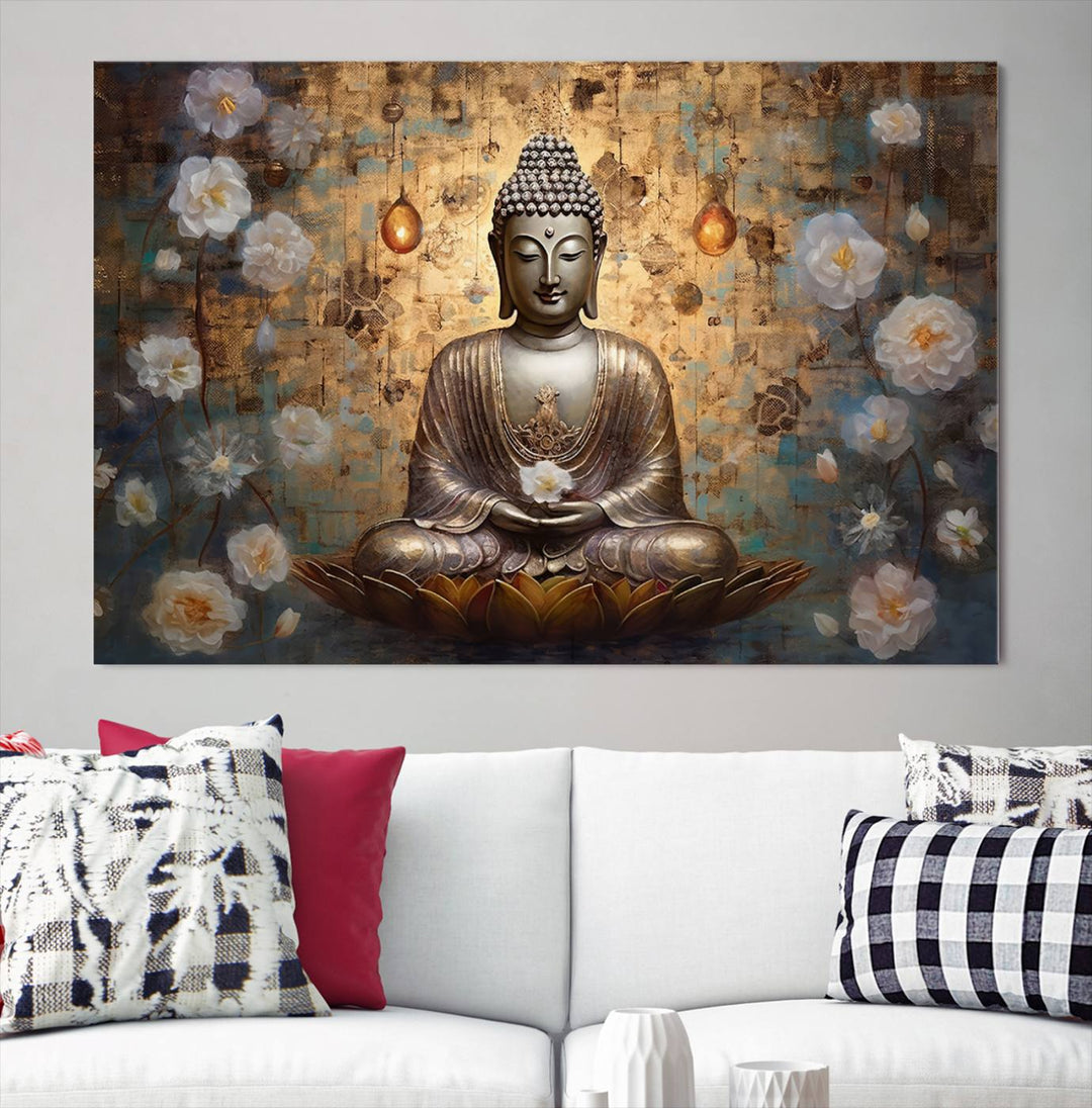 Buddha Wall Art | 3-Panel Gold and White Buddha Canvas Print with Lotus Flowers – Spiritual Zen Decor for Living Room, Bedroom, or Meditation Space