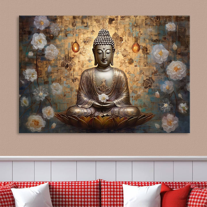 Buddha Wall Art | 3-Panel Gold and White Buddha Canvas Print with Lotus Flowers – Spiritual Zen Decor for Living Room, Bedroom, or Meditation Space