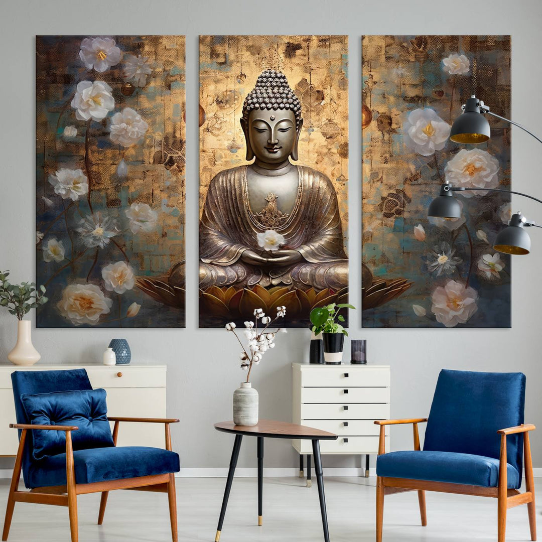 Buddha Wall Art | 3-Panel Gold and White Buddha Canvas Print with Lotus Flowers – Spiritual Zen Decor for Living Room, Bedroom, or Meditation Space