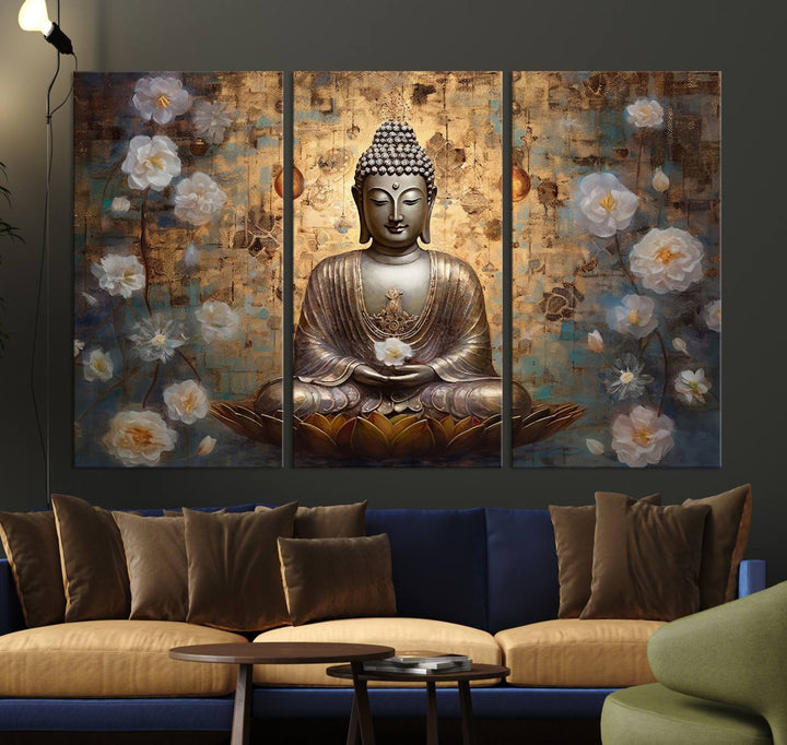 Buddha Wall Art | 3-Panel Gold and White Buddha Canvas Print with Lotus Flowers – Spiritual Zen Decor for Living Room, Bedroom, or Meditation Space