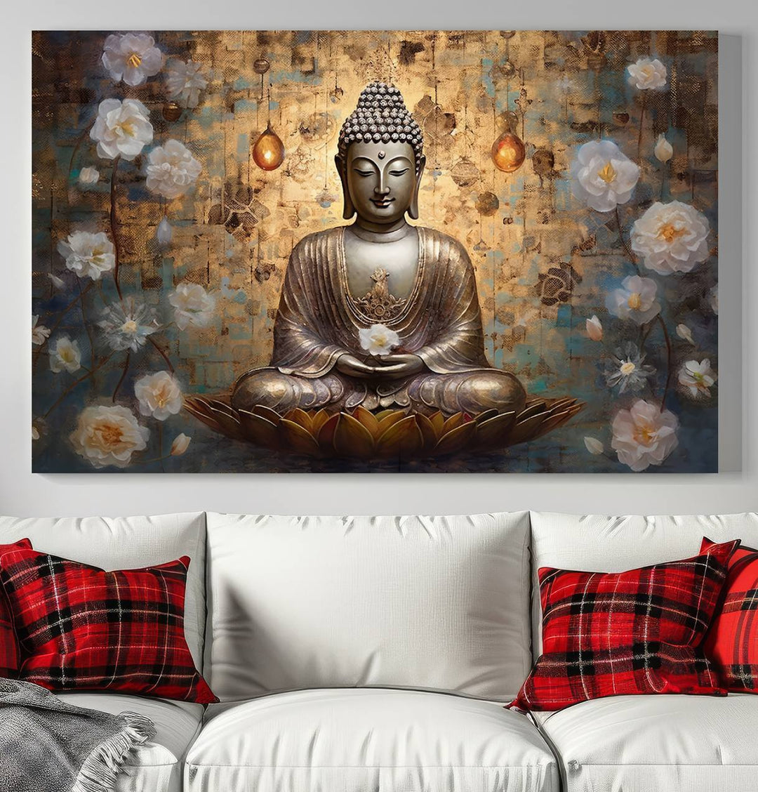 Buddha Wall Art | 3-Panel Gold and White Buddha Canvas Print with Lotus Flowers – Spiritual Zen Decor for Living Room, Bedroom, or Meditation Space