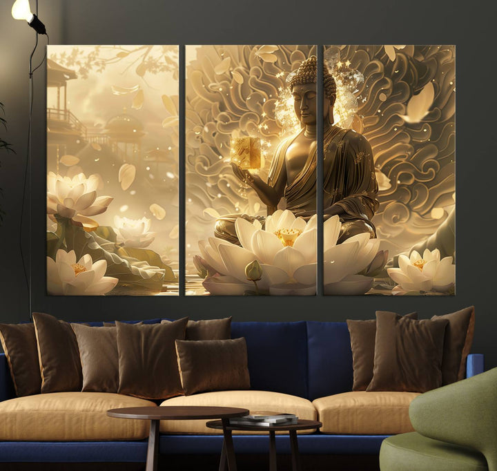 Buddha Wall Art Canvas Print, Buddha Meditation Room Decor, Yoga Room Wall Art, Lotus Wall Art