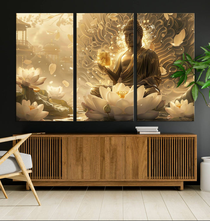 Buddha Wall Art Canvas Print, Buddha Meditation Room Decor, Yoga Room Wall Art, Lotus Wall Art