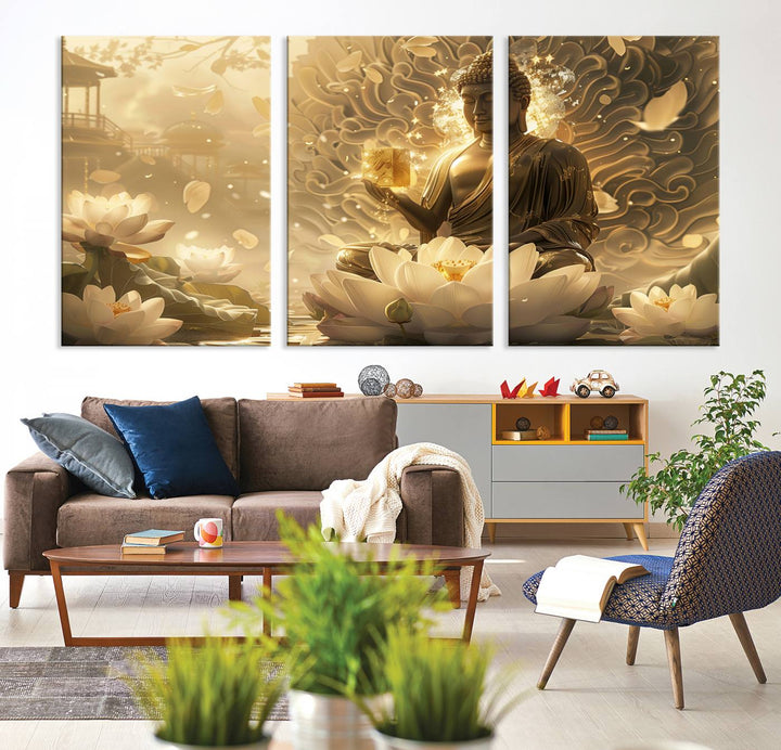 Buddha Wall Art Canvas Print, Buddha Meditation Room Decor, Yoga Room Wall Art, Lotus Wall Art