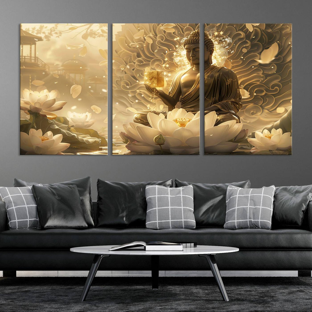 Buddha Wall Art Canvas Print, Buddha Meditation Room Decor, Yoga Room Wall Art, Lotus Wall Art