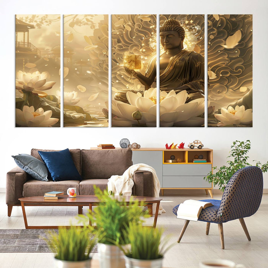 Buddha Wall Art Canvas Print, Buddha Meditation Room Decor, Yoga Room Wall Art, Lotus Wall Art