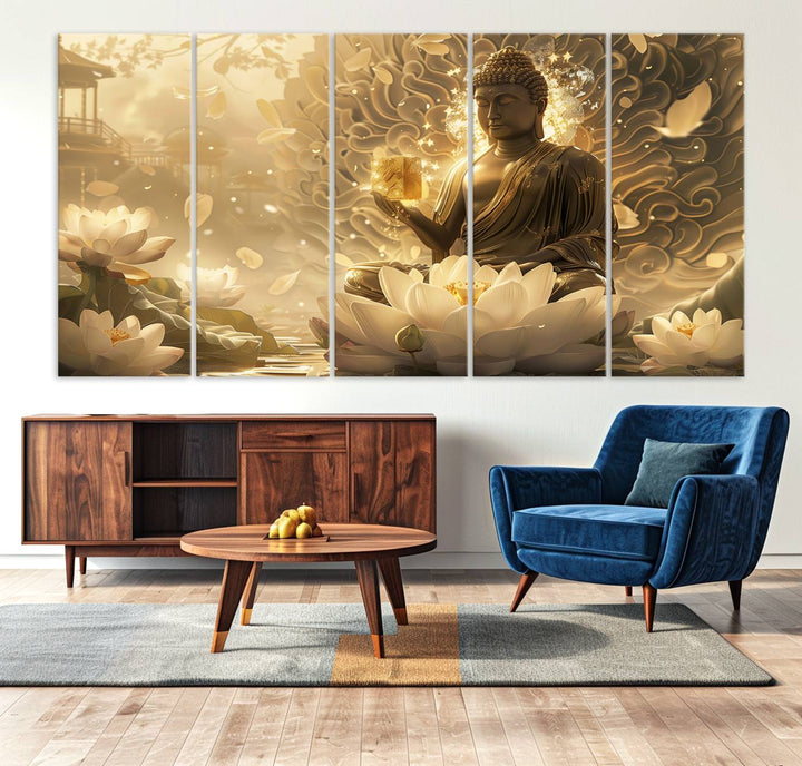 Buddha Wall Art Canvas Print, Buddha Meditation Room Decor, Yoga Room Wall Art, Lotus Wall Art