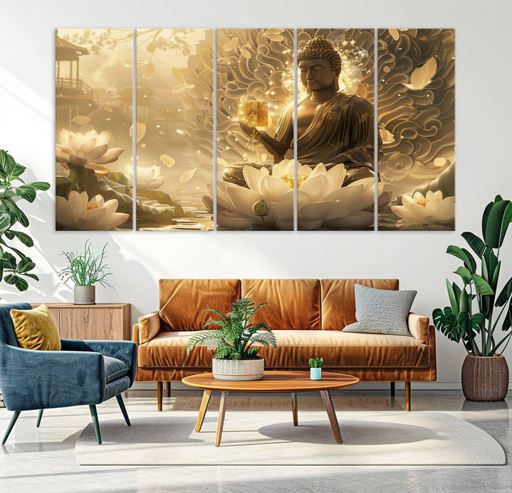 Buddha Wall Art Canvas Print, Buddha Meditation Room Decor, Yoga Room Wall Art, Lotus Wall Art