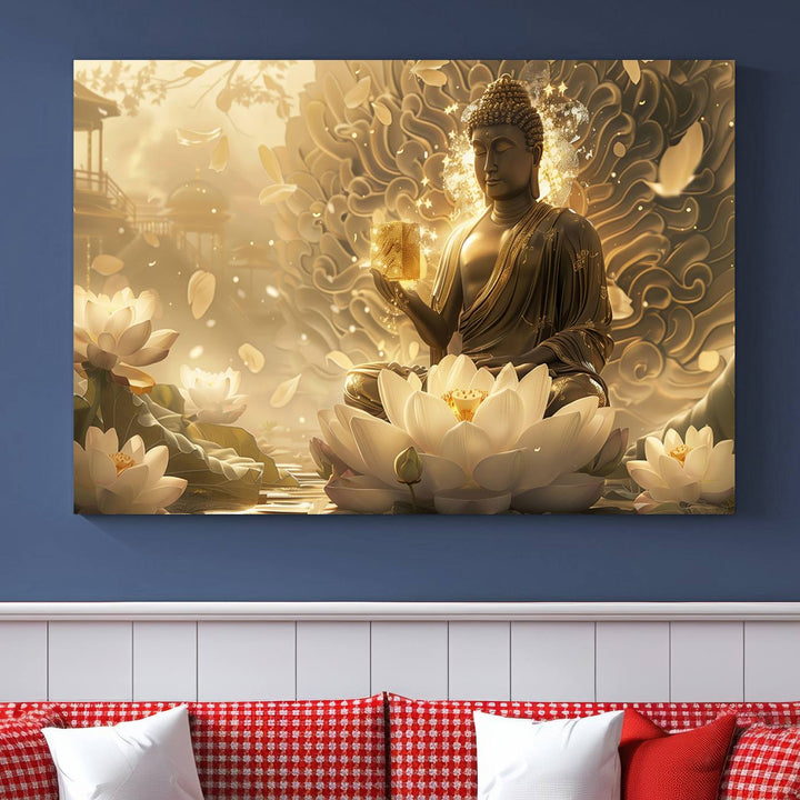 Buddha Wall Art Canvas Print, Buddha Meditation Room Decor, Yoga Room Wall Art, Lotus Wall Art