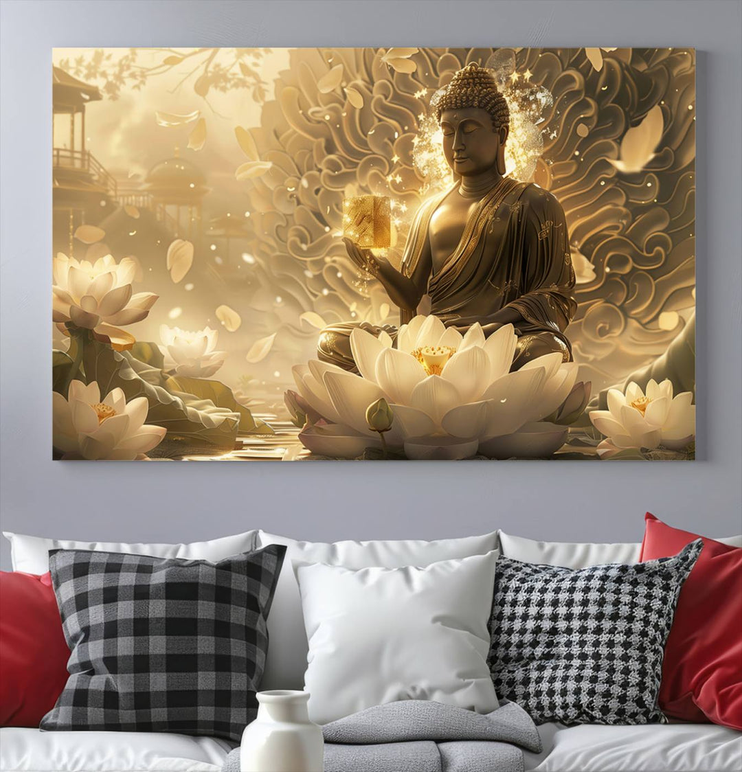 Buddha Wall Art Canvas Print, Buddha Meditation Room Decor, Yoga Room Wall Art, Lotus Wall Art