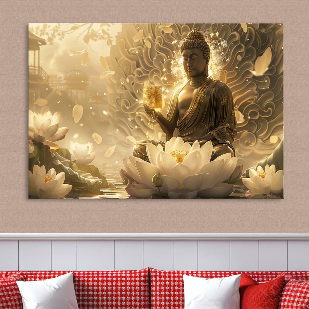 Buddha Wall Art Canvas Print, Buddha Meditation Room Decor, Yoga Room Wall Art, Lotus Wall Art