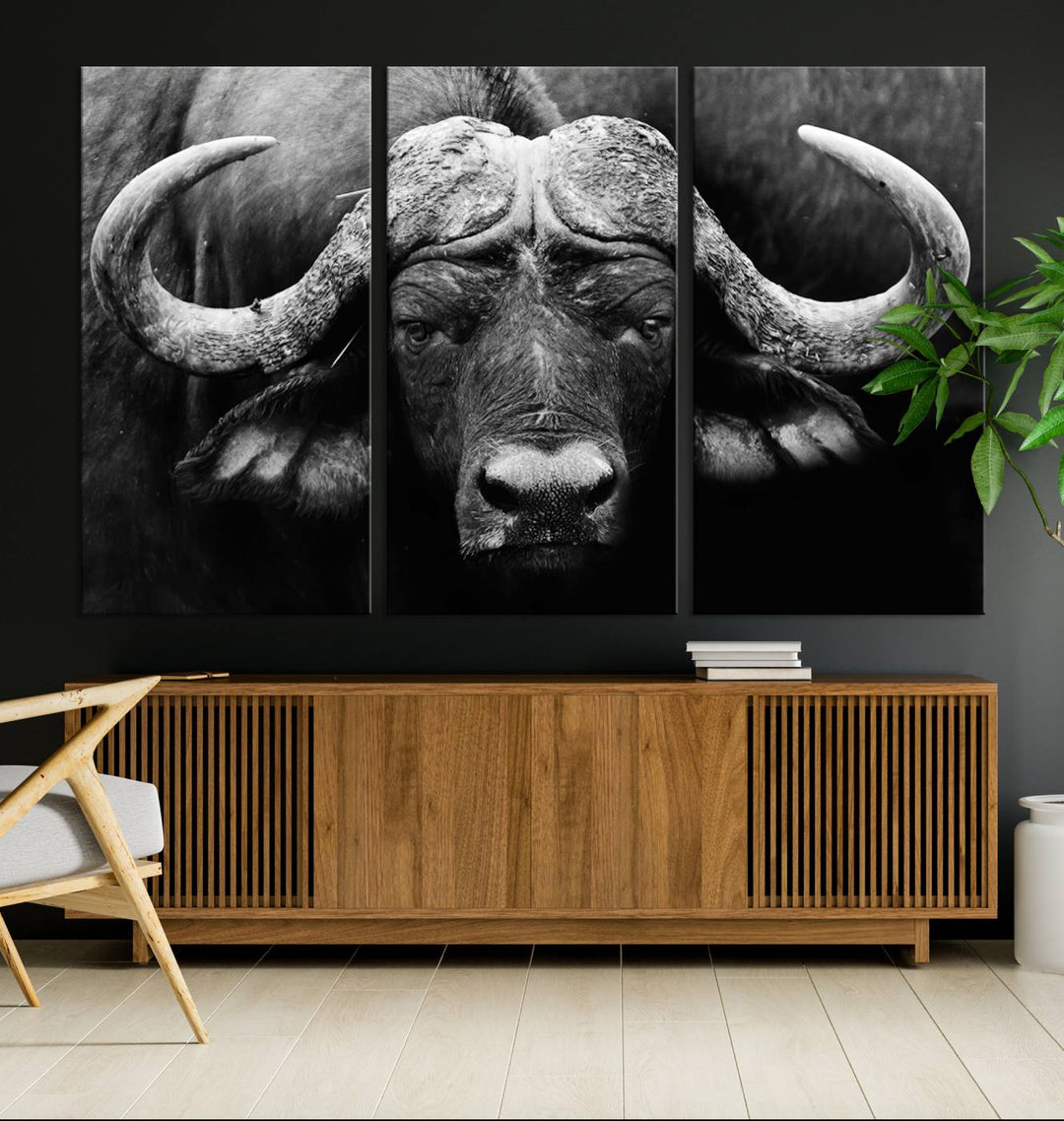 Buffalo Canvas Wall Art Print - Majestic African Buffalo Close-Up in Black and White, Perfect for Living Room or Office, Ready to Hang Wildlife Decor