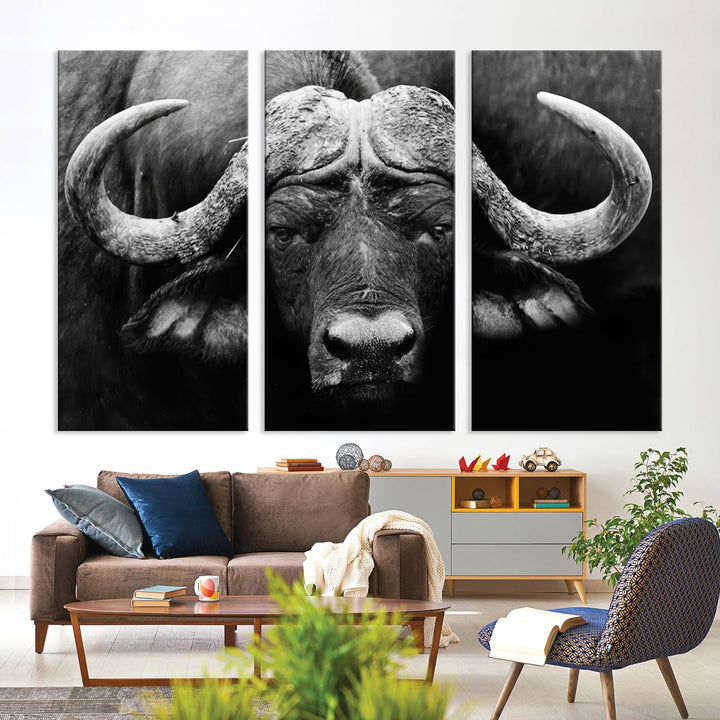 Buffalo Canvas Wall Art Print - Majestic African Buffalo Close-Up in Black and White, Perfect for Living Room or Office, Ready to Hang Wildlife Decor