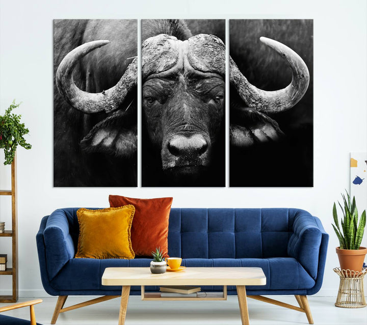 Buffalo Canvas Wall Art Print - Majestic African Buffalo Close-Up in Black and White, Perfect for Living Room or Office, Ready to Hang Wildlife Decor