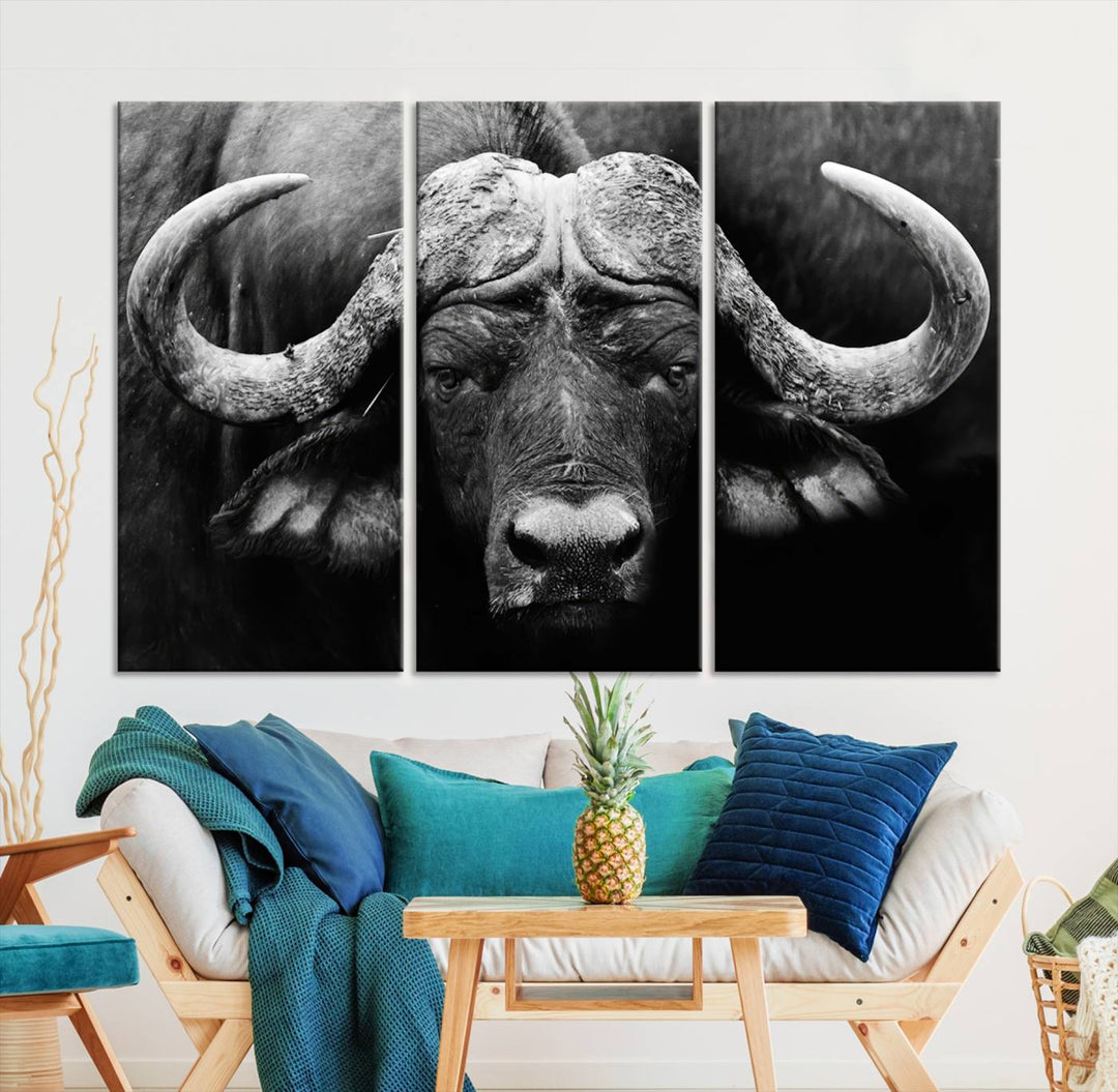 Buffalo Canvas Wall Art Print - Majestic African Buffalo Close-Up in Black and White, Perfect for Living Room or Office, Ready to Hang Wildlife Decor