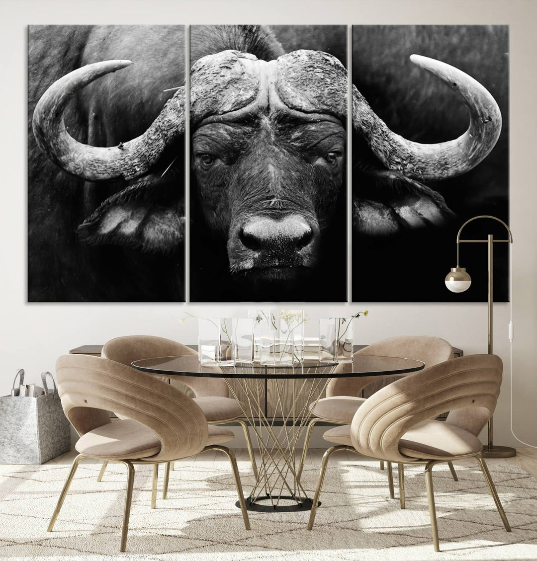 Buffalo Canvas Wall Art Print - Majestic African Buffalo Close-Up in Black and White, Perfect for Living Room or Office, Ready to Hang Wildlife Decor