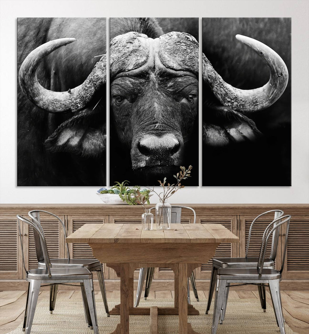 Buffalo Canvas Wall Art Print - Majestic African Buffalo Close-Up in Black and White, Perfect for Living Room or Office, Ready to Hang Wildlife Decor