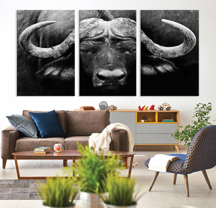 Buffalo Canvas Wall Art Print - Majestic African Buffalo Close-Up in Black and White, Perfect for Living Room or Office, Ready to Hang Wildlife Decor