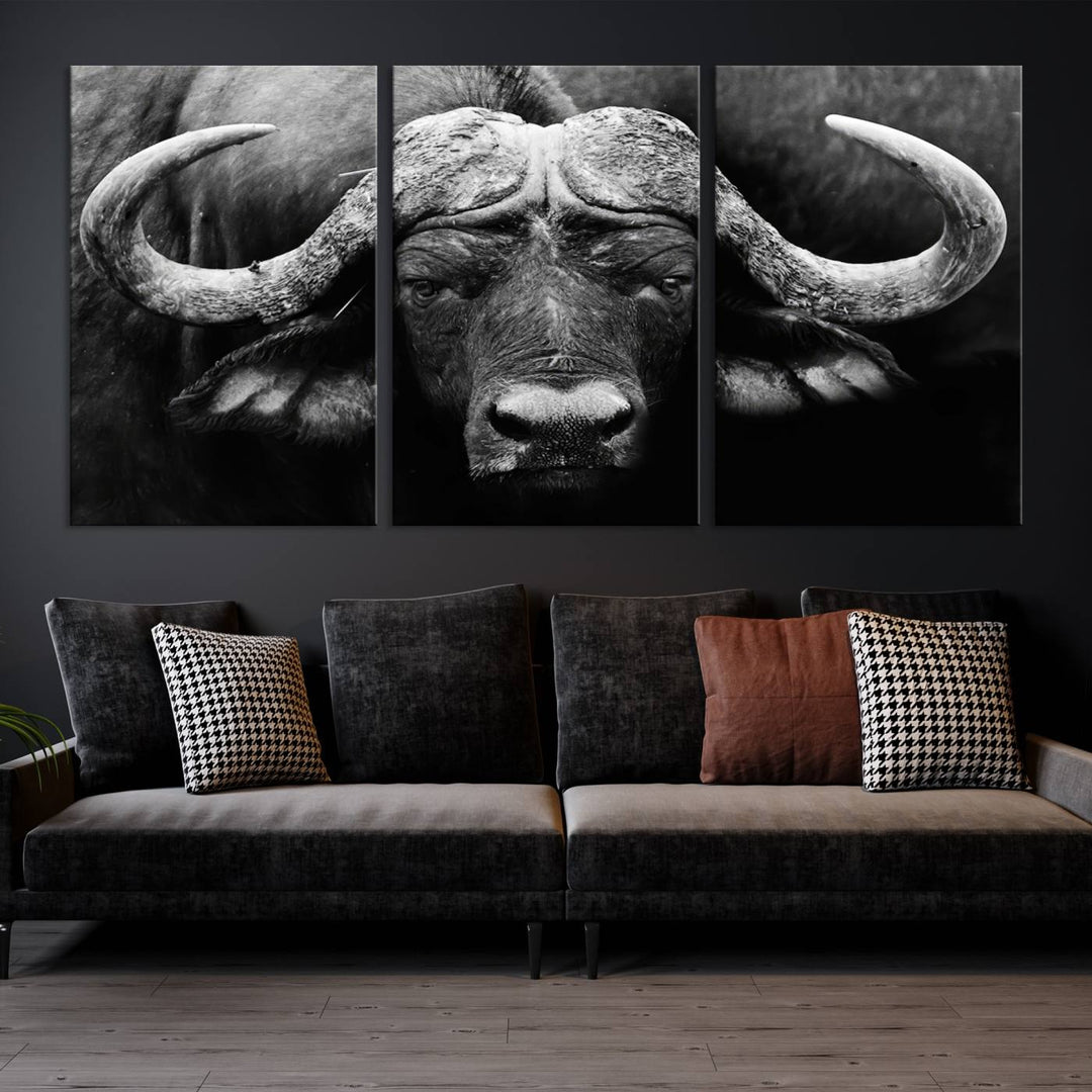 Buffalo Canvas Wall Art Print - Majestic African Buffalo Close-Up in Black and White, Perfect for Living Room or Office, Ready to Hang Wildlife Decor