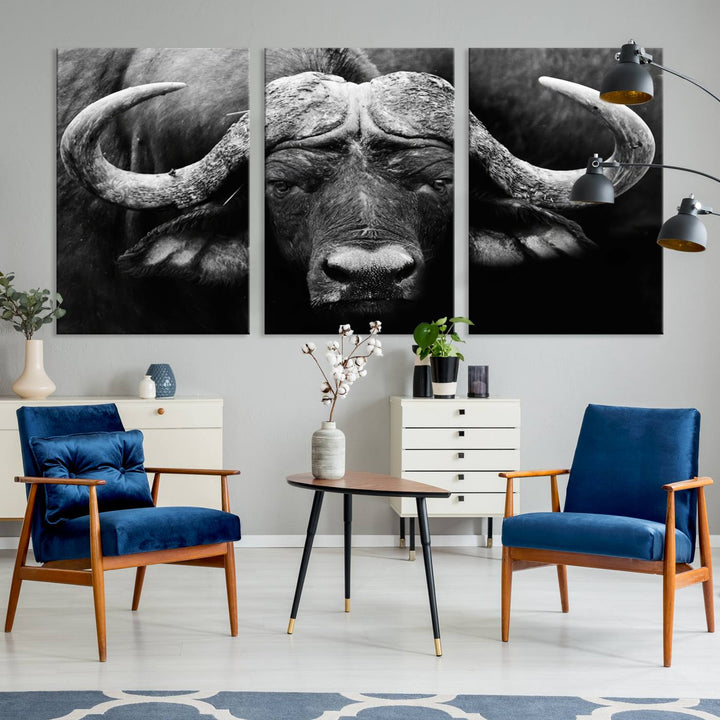 Buffalo Canvas Wall Art Print - Majestic African Buffalo Close-Up in Black and White, Perfect for Living Room or Office, Ready to Hang Wildlife Decor