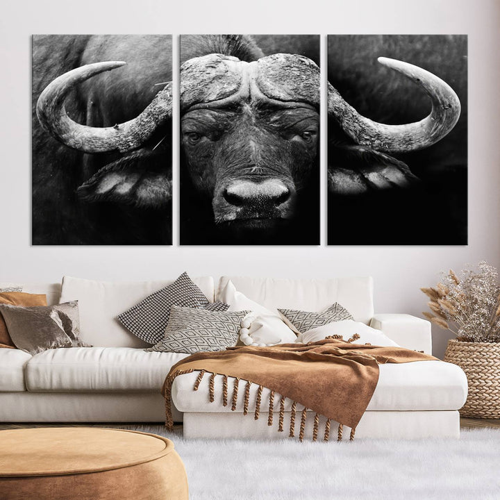 Buffalo Canvas Wall Art Print - Majestic African Buffalo Close-Up in Black and White, Perfect for Living Room or Office, Ready to Hang Wildlife Decor